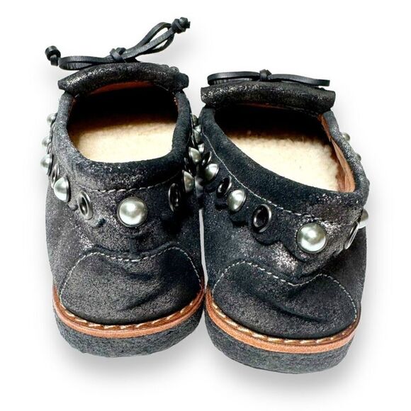 COACH Roccasin Black Metallic Leather Slip On Moccasins Sherpa Flat Loafers Sz 6 - Picture 5 of 10